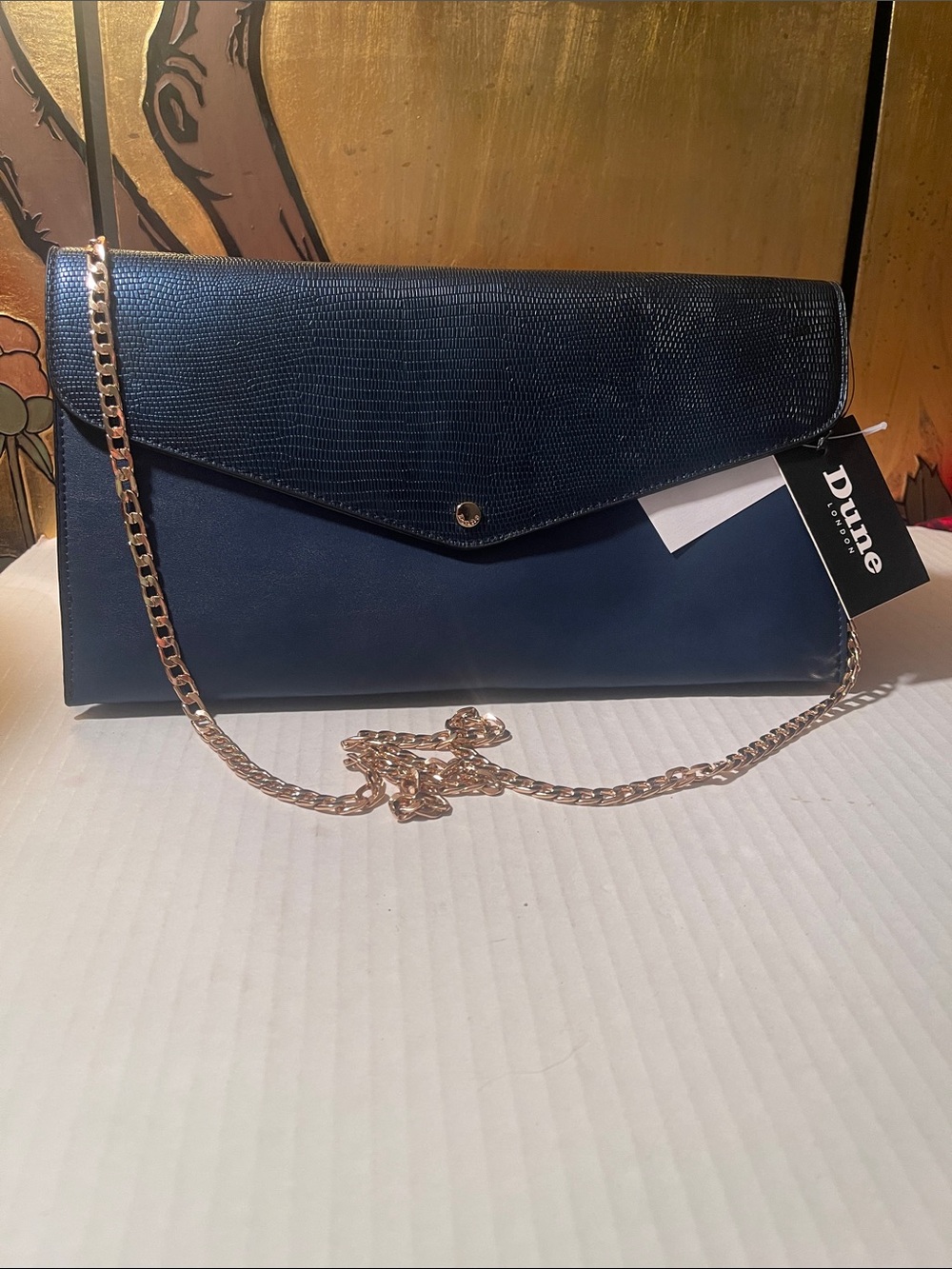 DUNE Navy Envelope Crossbody Clutch with Gold Chain UNUSED CONDITION